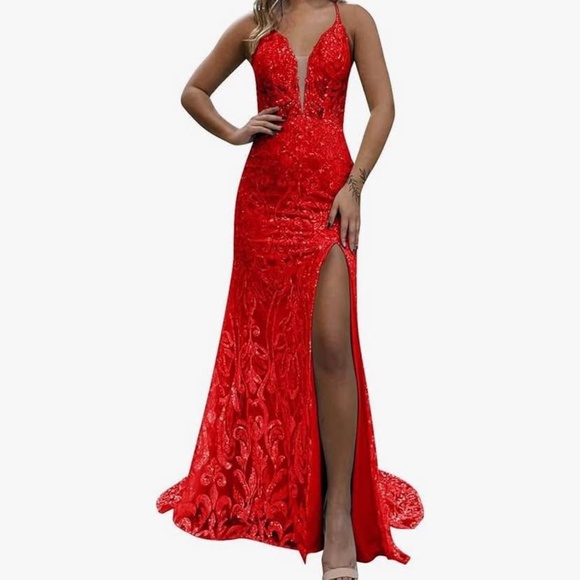 Women's Mermaid Sequin Prom Dress w/Slit Sparkly Lace - Picture 1 of 4